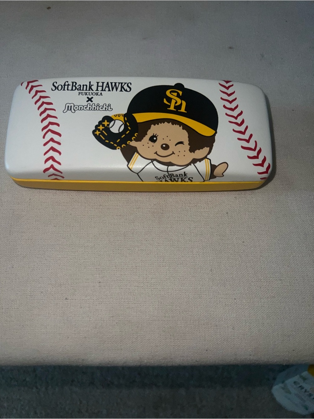 SoftBank HAWKS x Monchhichi Baseball Eyeglass Case in White and Yellow